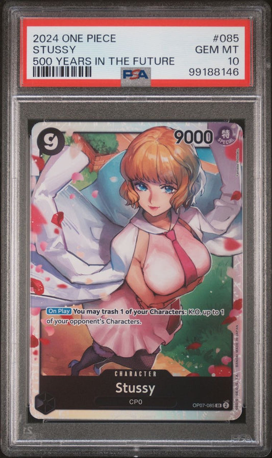 One Piece TCG 500 Years in the Future OP-07 #085 SR Stussy PSA 10 GEM MT